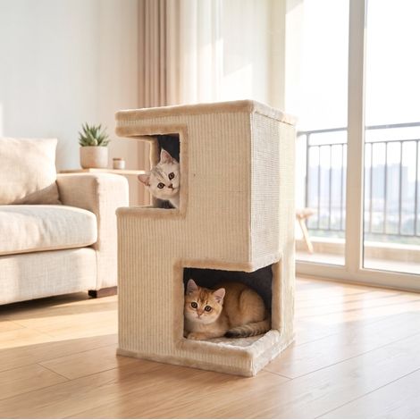 Tiragraffi 40x40x67 cm in legno beige salvaspazio con 2 cucce per gatti FloraGrace (1/5)