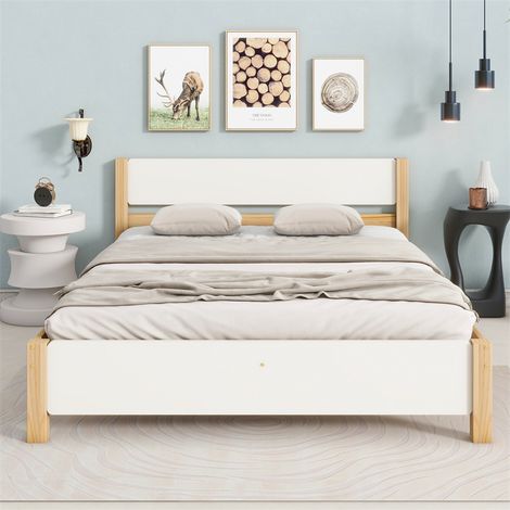 Fortuna Lai – Lit adulte double en bois – cadre en pin et MDF blanc – tête de lit élégante – sommier à lattes 140x200 cm – pieds centraux stables (1/5)