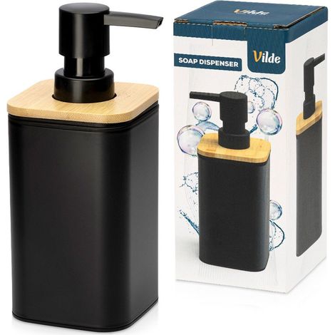 Vilde Distributeur de savon 350 ml bambou bois plastique noir (1/5)