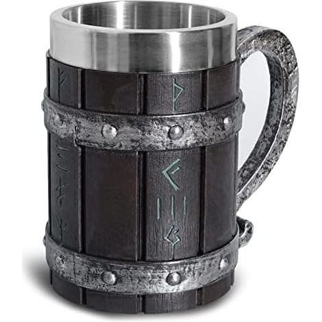 Chopes à Bière, Nordique Viking Rune Verres à Bière Grande Chope à Bière en Chope en Chope à Café avec Acier Inoxydable Bois Résine 3D Mugs pour Hommes Fête 550 ml (1/4)