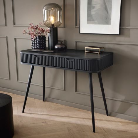 Coiffeuse MORDEN - Noire - Façades Rainurées - 2 Tiroirs - Largeur 103 cm, Hauteur 80 cm, Profondeur 49 cm (1/5)
