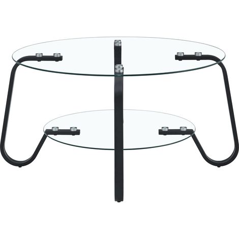 Tavolino da caffè rotondo a 2 ripiani in vetro temperato e metallo nero 80x45 cm (1/5)