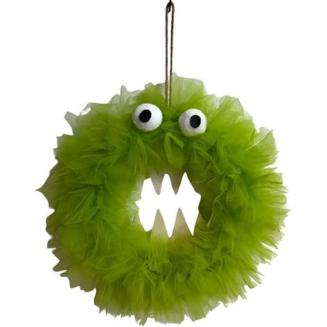 Couronne d'Halloween en maille verte avec yeux et dents décoratives (1/5)