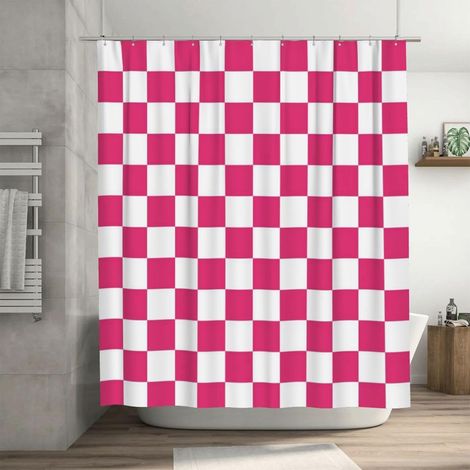 1 rideau de douche, tissu polyester, imperméable, lavable en machine, motif à carreaux, rose vif, pour salle de bain (1/5)