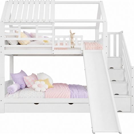 Lit superposé cabane avec toboggan et escalier de rangement, tiroirs, fenêtres, toit, sommier à lattes, blanc 90 x 200 cm pour chambre d’enfant sécurisée – CHICFURN (1/5)