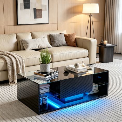 JOOKGBD-Hochglanz-Rechtecktisch mit schwebendem LED-Streifen, Moderne Wohnzimmertische mit Ablage, Offene Ablage und Schubladen, Glasfach, Schwarz
