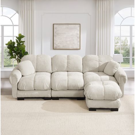Canapé d’angle 3 places kaki clair en chenille avec ottomane mobile et coussins décoratifs (1/5)