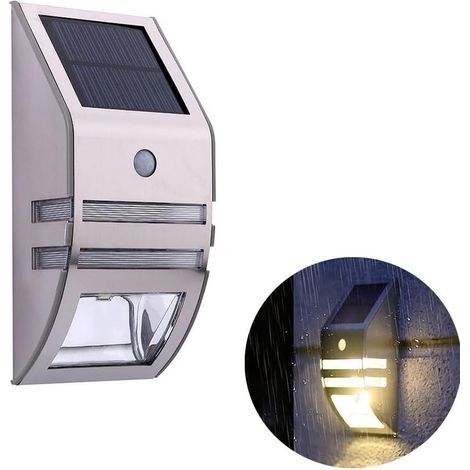 Kabelloser Bewegungsmelder für den Außenbereich, wasserdicht, solarbetrieben, LED-Wandleuchte, Sicherheitsbeleuchtung für Garten, Zaun, Weg, Dachrinne, Hof, warmweiß (silber) (1/4)