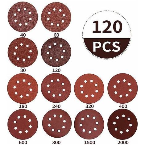 Juego de 120 discos de lijado, papel de lija de 125 mm con 8 orificios, apto para discos de lijado de amoladoras excéntricas, grano 10 x 40/60/80 (1/5)