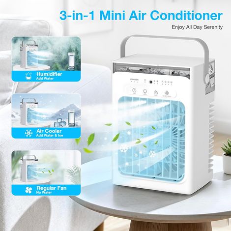 Mini Portable Air Cooler, 4 Speed Cooling Fan with 2 Mist Modes, 7-Color LED Light, Timer, 1000ML Tank, USB Powered AC Fan for Bedroom Camping, White (1/5)
