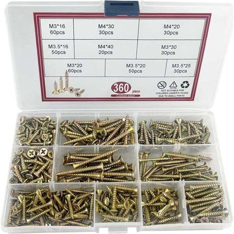 360 pezzi di viti autofilettanti per legno, extra resistenti, zincate gialle, viti autoforanti Pozidriv a croce, viti a testa piatta, viti per truciolato, M3/M3.5/M4-Crezuo