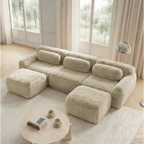 Sofá modular en U color caqui claro de tejido de felpa con cojines y base antideslizante (1/5)