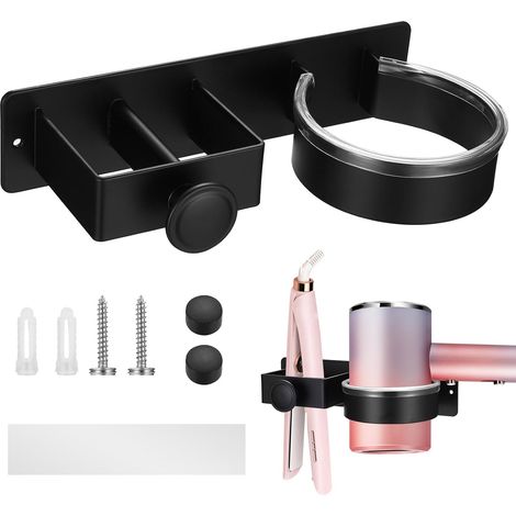 Wandmontierter Haartrocknerhalter ohne Bohren, kompatibel mit Haartrocknern und Glätteisen, schwarz, ideal für Hotelbadezimmer. (1/5)