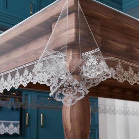 Nappe Transparente en PVC laminé Anti-Taches avec Dentelle Rebrodé Protection pour Table de Cuisine et de Salle à Manger 4 Places 140x140 cm Carrée (1/2)