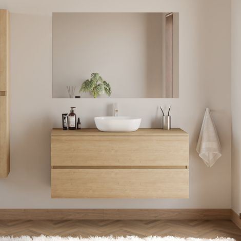 Meuble de salle de bain 120cm avec plateau et vasque à poser arrondie - 2 tiroirs - nebraska (chêne clair) - IDA (1/5)