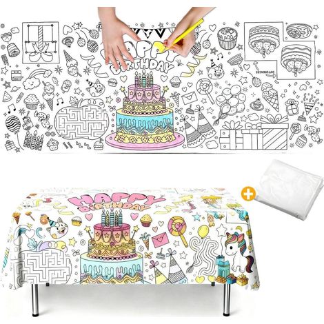 Ausmalbare Tischdecke 183x76 cm mit Geburtstagstorte, zum Bemalen, mit Schutzfolie