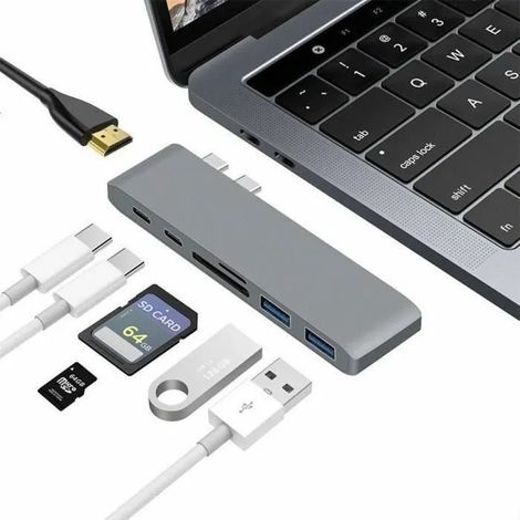 Hub d’extension USB-C 7 en 1, adaptateur avec Thunderbolt 3.1 PD 100W, HDMI 4K, USB3.0 et lecteur SD/TF pour MacBook Pro/Air (1/4)