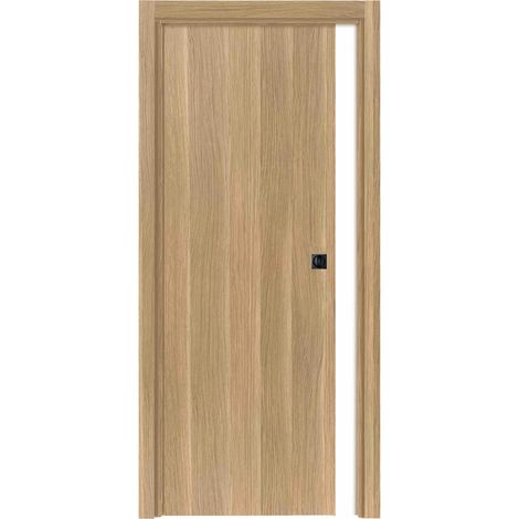 Porte coulissante cloison Matild 93 cm avec crochet carré condamnation noir, finition chêne brut structuré