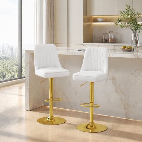 Tabouret de bar réglable en hauteur, pivotant à 360°, lot de 2, PU blanc et métal doré DESVIAE (1/5)