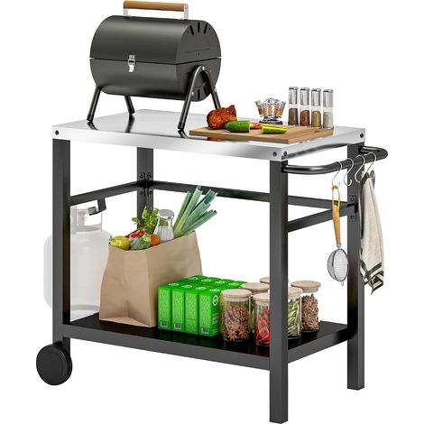 Desserte plancha extérieure avec Plan de Travail en Acier Inoxydable, Chariot de Barbecue avec étagère, desserte de Jardin avec Crochets, Porte-Serviettes, 2 Roues, 102x50x81cm, Gris Charbon (1/5)