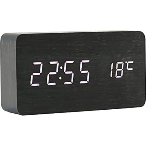 Sveglia digitale in legno ThreeH con display LED USB, orologio digitale con indicazione di data, ora, umidità e temperatura, AC11, bianco e nero. (1/5)