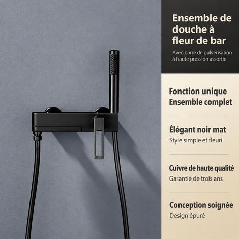 Mitigeur de baignoire et douche ensemble noir mat avec douchette monofonction robinet mural salle de bain moderne – Livraison gratuite (1/5)