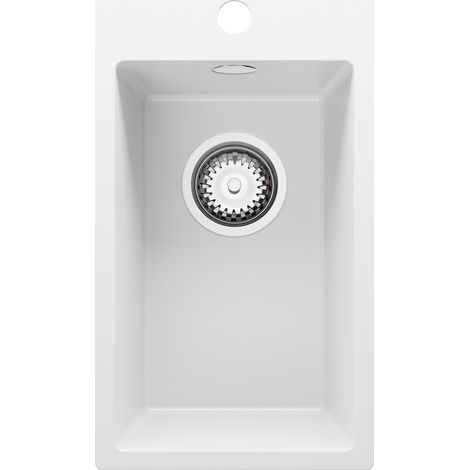 PRIMAGRAN Evier Cuisine en Granit 28x50cm, Lavabo 1 bac + Kit de Vidage, Évier à Encastrer au meuble 30cm - Riga, Blanc (1/5)