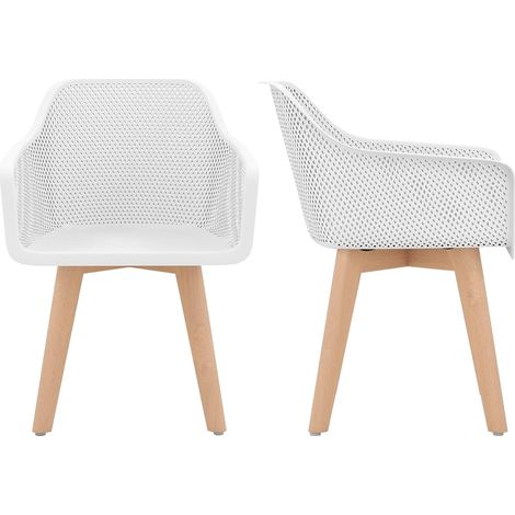 COSTWAY Set de 2 chaises à manger, chaises de cuisine avec pieds en bois massif, chaises d'accent en plastique, résistante jusqu'à 150kg, chaise d'accessoire moderne pour restaurant & salon, blanc (1/5)