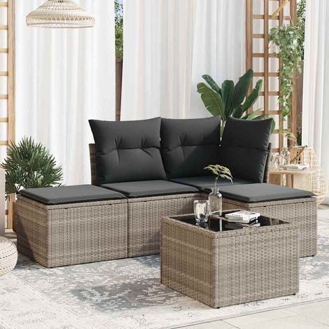 Ensemble de salon extérieur 5 places en résine tressée gris clair avec coussins gris foncé et table en verre (1/3)