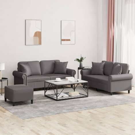 3-tlg. Sofagarnitur mit Kissen Grau Kunstleder