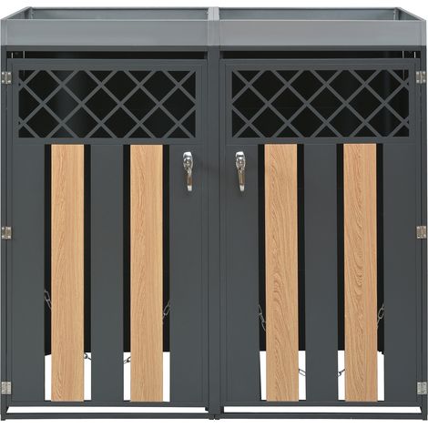 Abri pour poubelles avec trous d’aération en losange, compartiments de rangement pour déchets, verrouillable, deux portes, bac à plantes