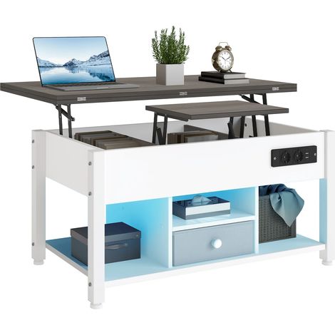 Table basse relevable 4 en 1 blanche et grise – Table de salon réglable en hauteur, convertible en table à manger avec rangement et éclairage LED (1/5)
