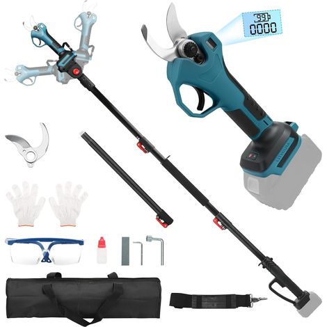 2 in 1 Sécateur Électrique Avec Perche Compatible avec 18V Akku  Sécateur Télescopique Électrique 2,4M, 30mm Secateur Electrique avec Écran, pour la Taille, le Jardinage (sans batterie) (1/5)