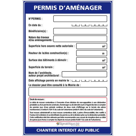 Signaletique.Biz France – Panneau permis d'aménager 80 x 120 cm en Akilux 3,5 mm – Marqueur noir indélébile fourni – Outil d'information pour chantiers - W1038 (1/5)