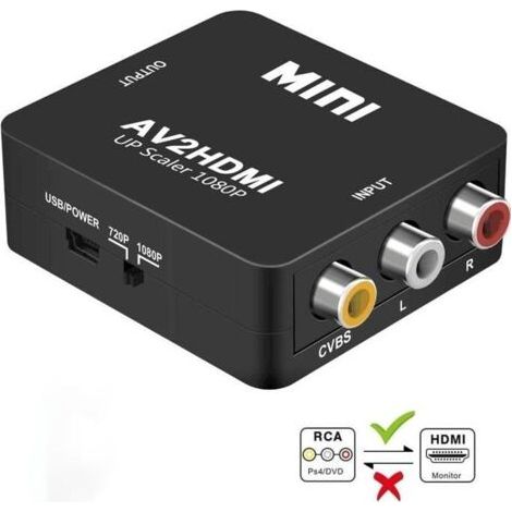 Adaptateur RCA vers HDMI, Zamus Mini AV RCA CVBS vers HDMI Convertisseur S vidéo Adaptateur 1080P pour PS2 Wii Console (1/4)