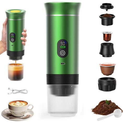 3-in-1 Portable Coffee Maker,  Rechargeable Travel Coffee Maker,  12V Espresso Machine for Capsules and Ground Coffee,  for Camping,  Travel,  Office,  Car,  Home,  Green (1/5)