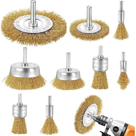 Lot de 9 Brosse Metallique pour Perceuse, Brosse Laiton pour Perceuse Queue de 6 mm, Brosses Meuleuse, Visseuse Perceuse à Pour nettoyer le métal/le bois/la peinture/le brossage de surface (1/5)