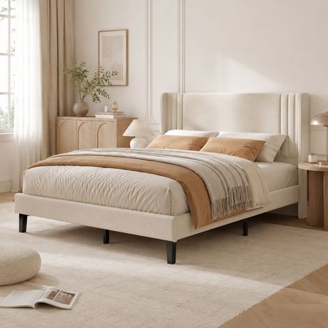 Lit double rembourré 140x200 cm – Tête de lit capitonnée – Cadre en bois et métal gris – Sommier à lattes, pour chambre adulte (1/5)