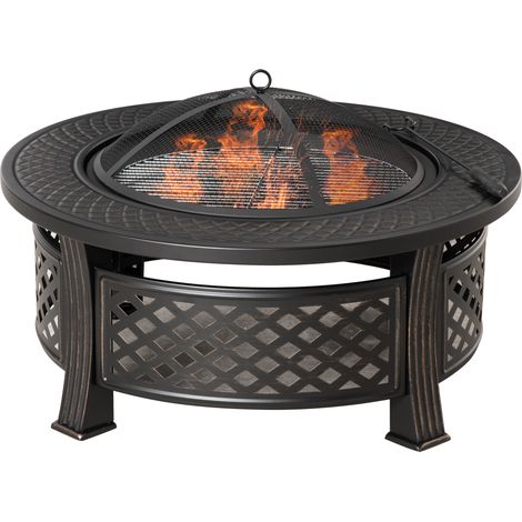 Brasero avec tisonnier, pare étincelles, panier à feu, table de feu ronde, foyer pour jardin, camping, barbecue, acier, noir, 81 x 81 x 50 cm (1/5)