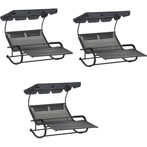 3er-Set doppel-Sonnenliege Schaukelbank mit Sonnendach, Schaukelsessel mit Rollen, Gartenliege mit Kopfkissen, 220 kg Belastung, für 2 Personen, Dunkelgrau, 200x139x140cm