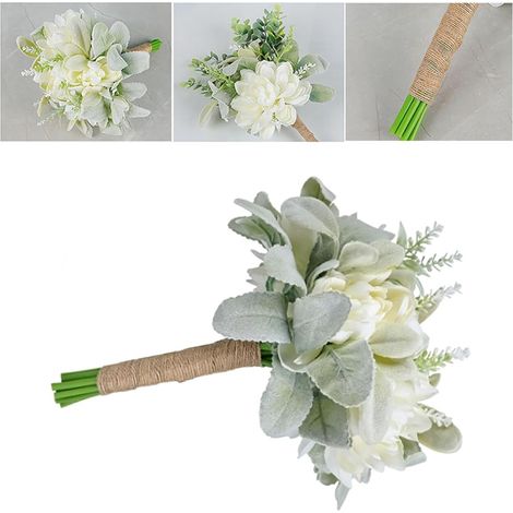 Artificial Forest Style Bridal Bouquet, White and Green Silk Dahlias (1/5)