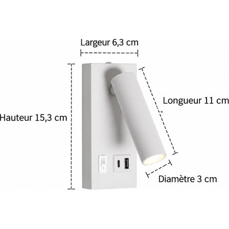 Applique murale LED chevet liseuse orientable blanc 3 W lumière neutre avec port USB variateur chambre hôtel 370 g – Livraison gratuite