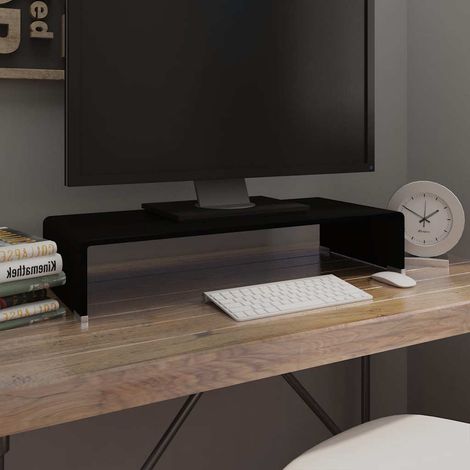 Support TV et moniteur en verre trempé noir avec étagère, 70 x 30 x 13 cm - PANGIVO (1/5)
