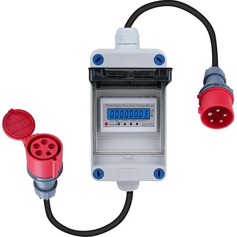 Compteur électrique numérique mobile 3 phases 16A 400V Prise CEE 3 phases Compteur numérique mobile 5x2,5 mm² avec réinitialisation Câble de 2m IP44 Adaptateur de prise Compteur (H07RN-F HR-03X)