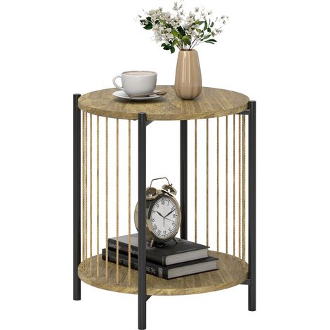 Table d'appoint ronde à 2 niveaux avec étagère et structure en acier pour salon/chambre, 43,5 x 43,5 x 51 cm, couleur naturelle