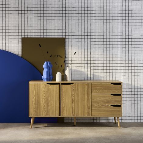 Sweeek – Buffet scandinave 160cm – 2 portes et 3 tiroirs – Effet frêne – Design minimaliste pour rangement vaisselle et linge