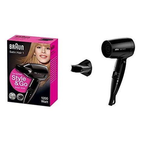 Braun HD130 Satin Hair 1 Asciugacapelli da Viaggio 1200W 2 temperature impugnatura pieghevole concentratore colore Nero (1/5)
