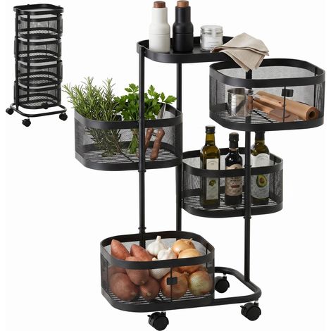 Chariot utilitaire à roulettes à 5 niveaux avec 4 paniers de rangement rotatifs à 270° et un plateau, 33 x 33 x 77 cm, noir