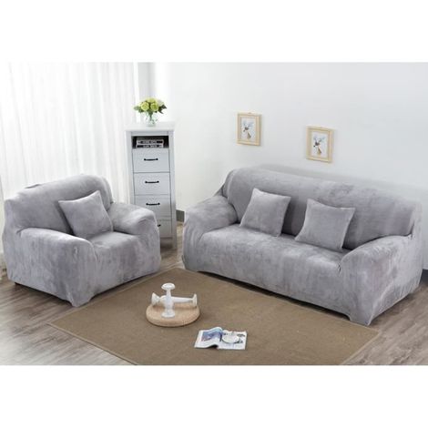 Housse de Canapé Velours 3 Places + 2 x Housse de Fauteuil Élastique Spandex (1/2)