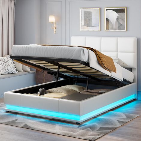 Lit coffre 140x190 cm avec tête de lit réglable et éclairage LED intégré Moderne - Similicuir - Blanc
